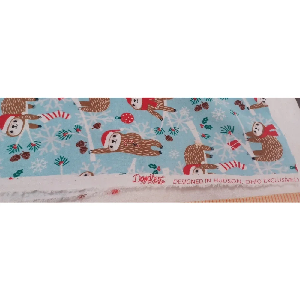 Jo-Ann Sloth Christmas Doodles Blue Red Knit Stretch Fabric 1 Pc 26x58